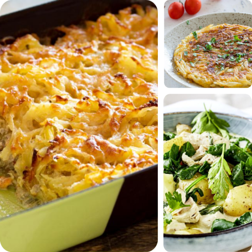 Drei Kartoffelgerichte - Rösti, Eintopf und Auflauf in einer Kollage